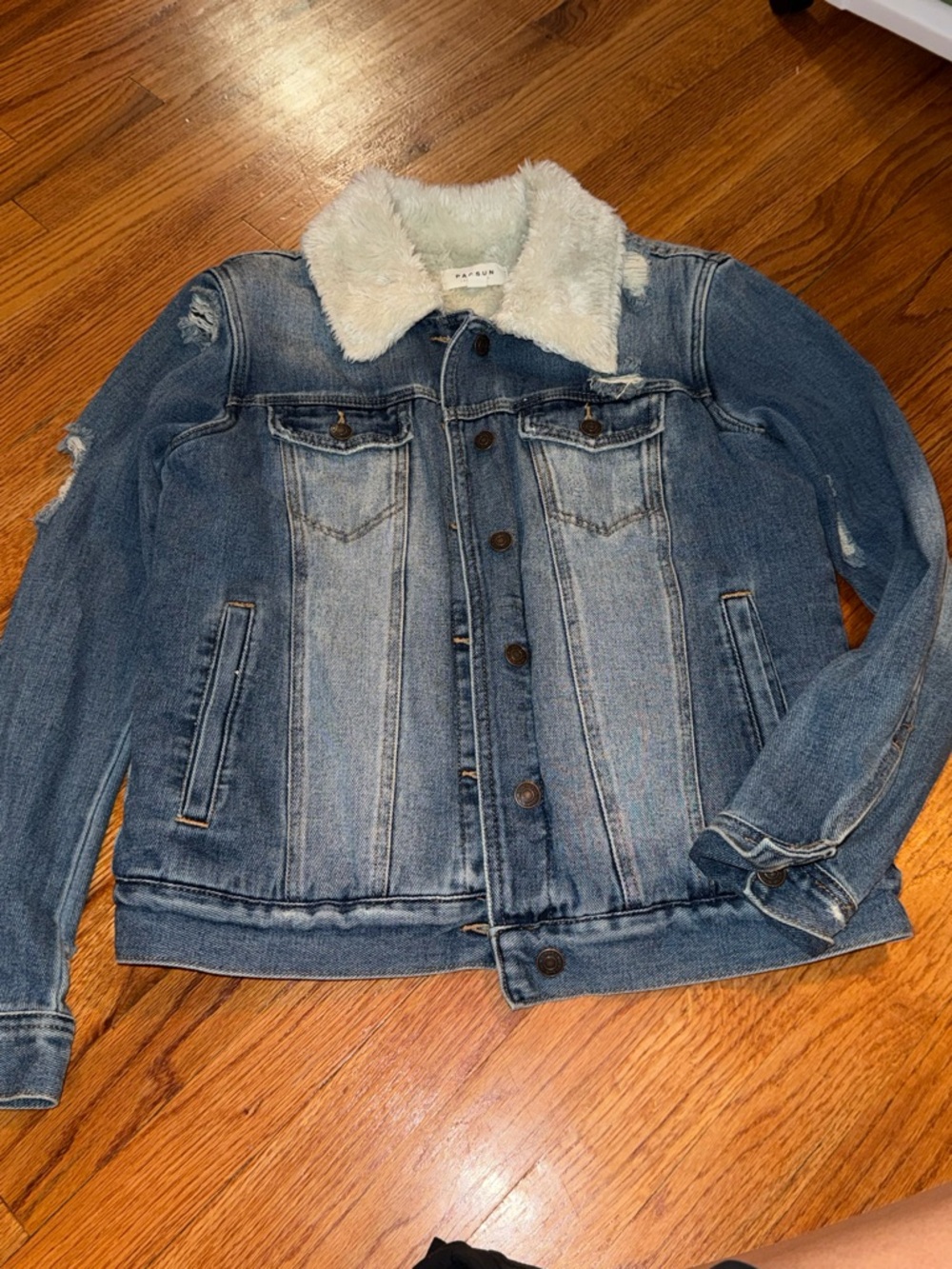 PacSun Sherpa Denim Trucker Jacket lightly distressed